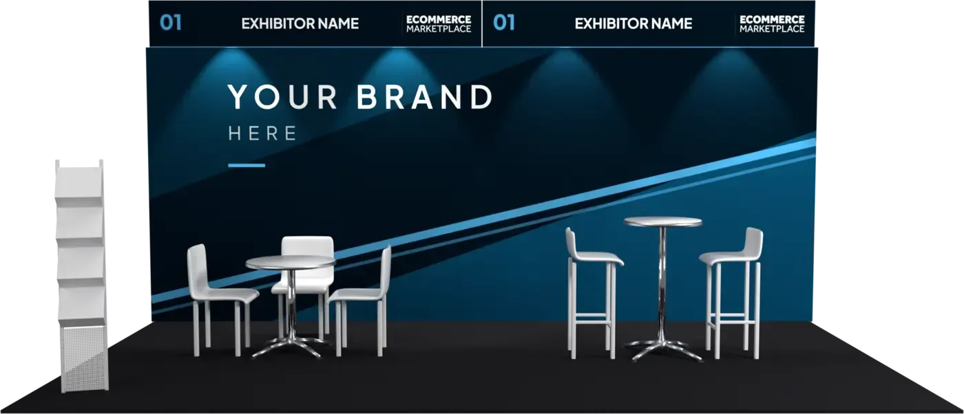 A double meeting area stand: branded back wall, meeting table with three chairs, bar table with two stools and a brochure rack