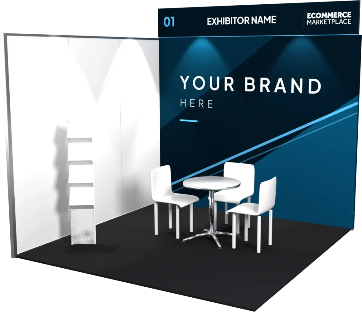 A single meeting area stand: branded back wall, meeting table with three chairs and a brochure rack