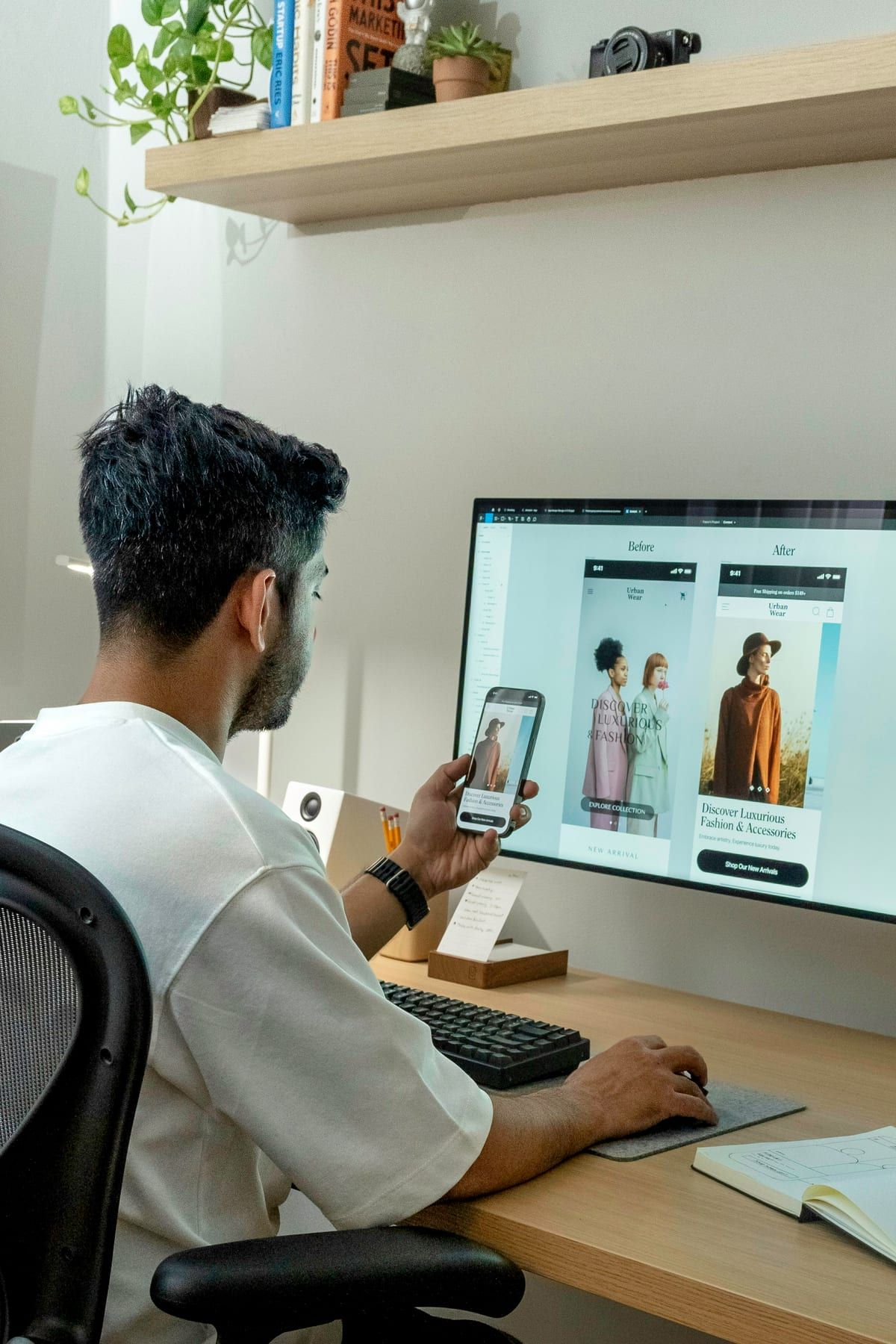 A team reviewing a shopping app design on a large screen