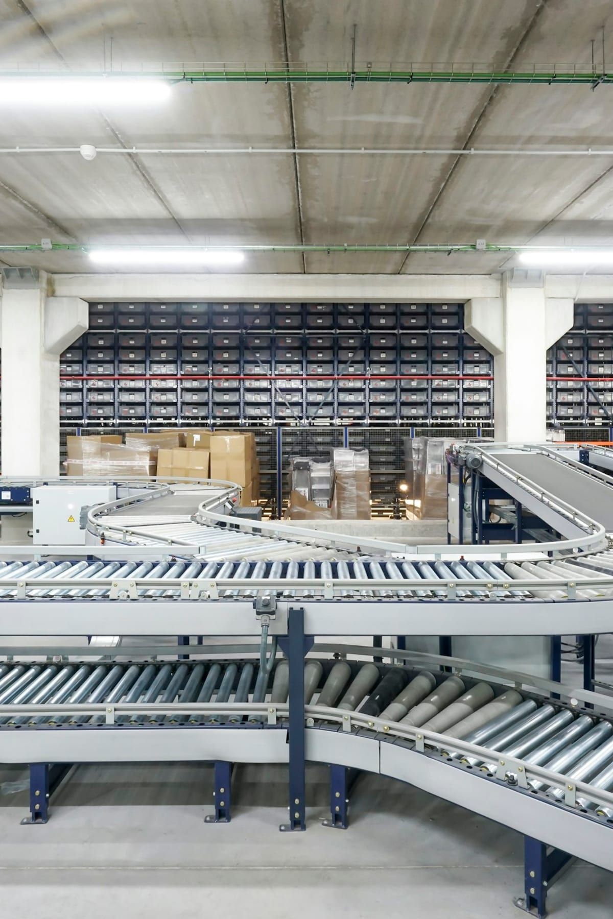Parcels moving along a conveyor in a fulfilment centre