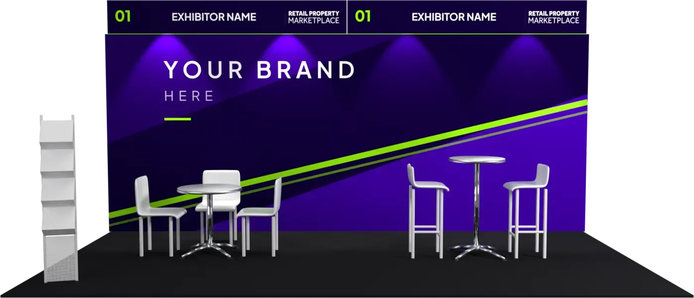 A double meeting area stand: branded back wall, meeting table with three chairs, bar table with two stools and a brochure rack