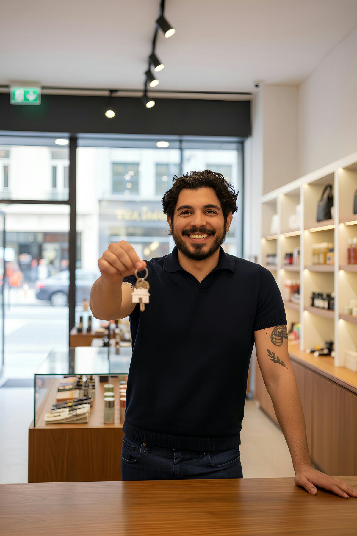A smiling shop owner holding out a set of keys at the counter