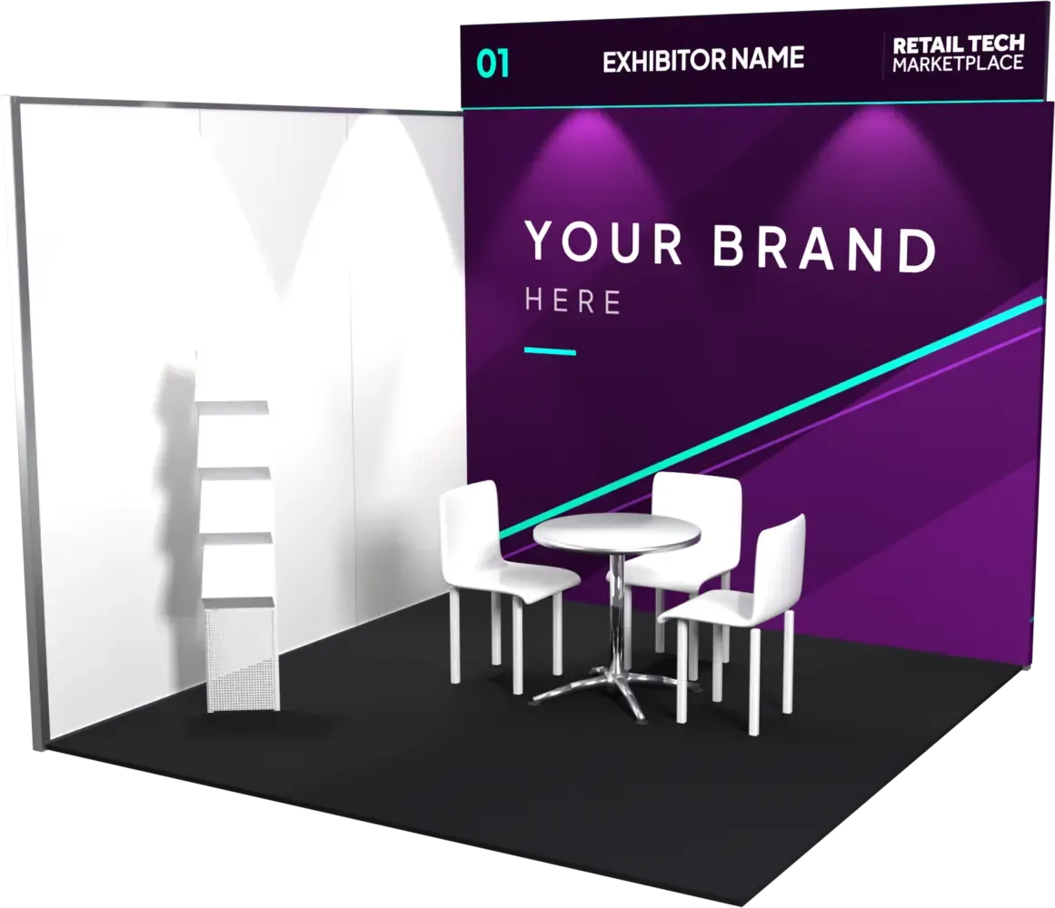 A single meeting area stand: branded back wall, meeting table with three chairs and a brochure rack