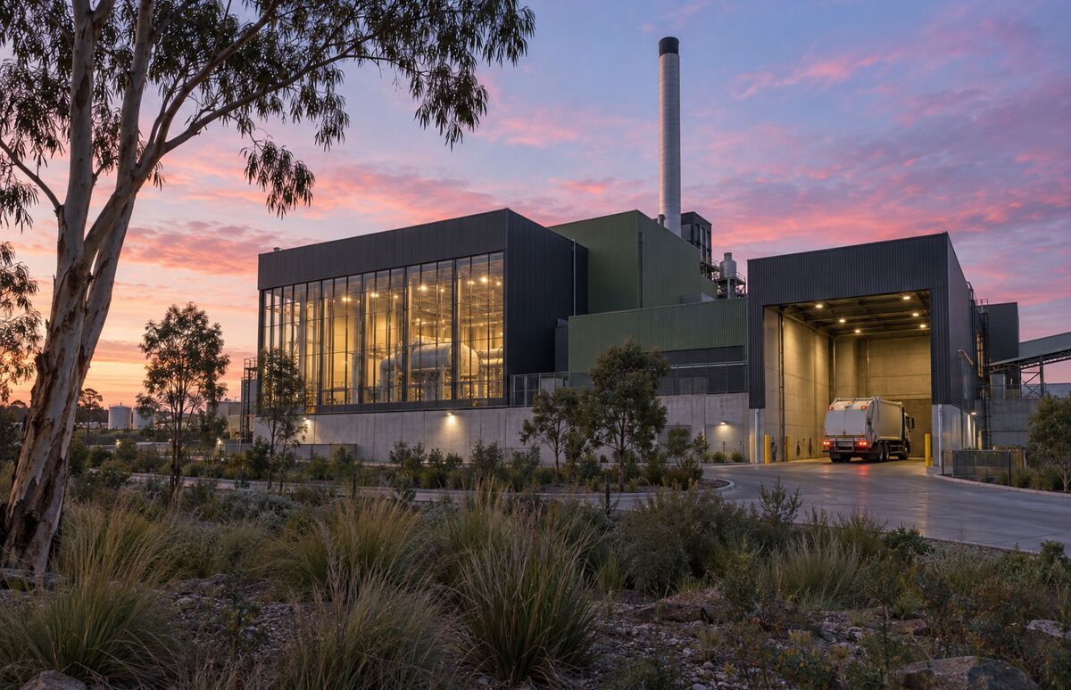 An energy-from-waste plant at dusk, its glass turbine hall lit and a collection truck entering the tipping hall