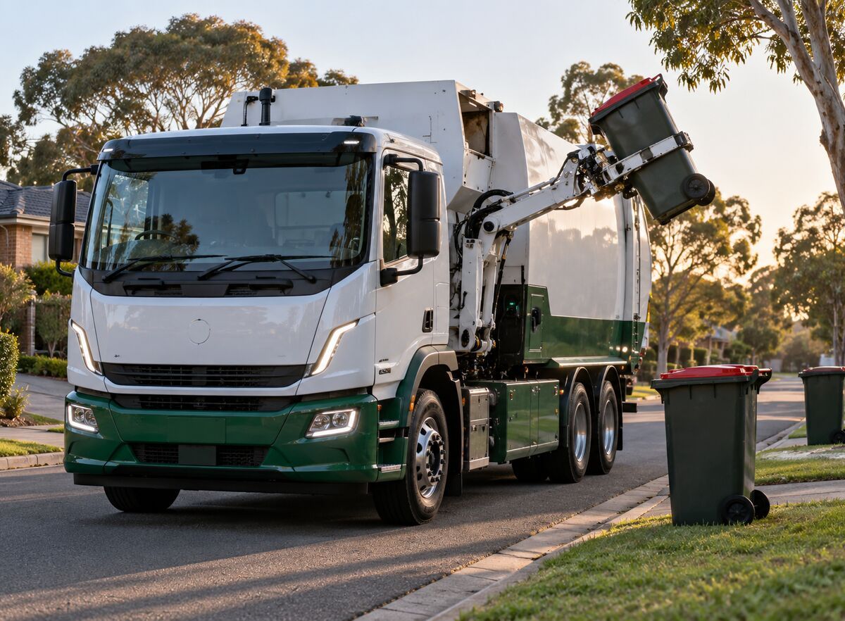 An electric kerbside collection truck lifting a red-lid wheelie bin on a leafy suburban street at dusk