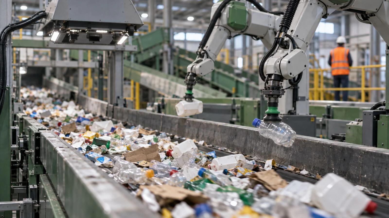 Robotic picking arms lifting bottles off a recycling sorting line under a sensor hood