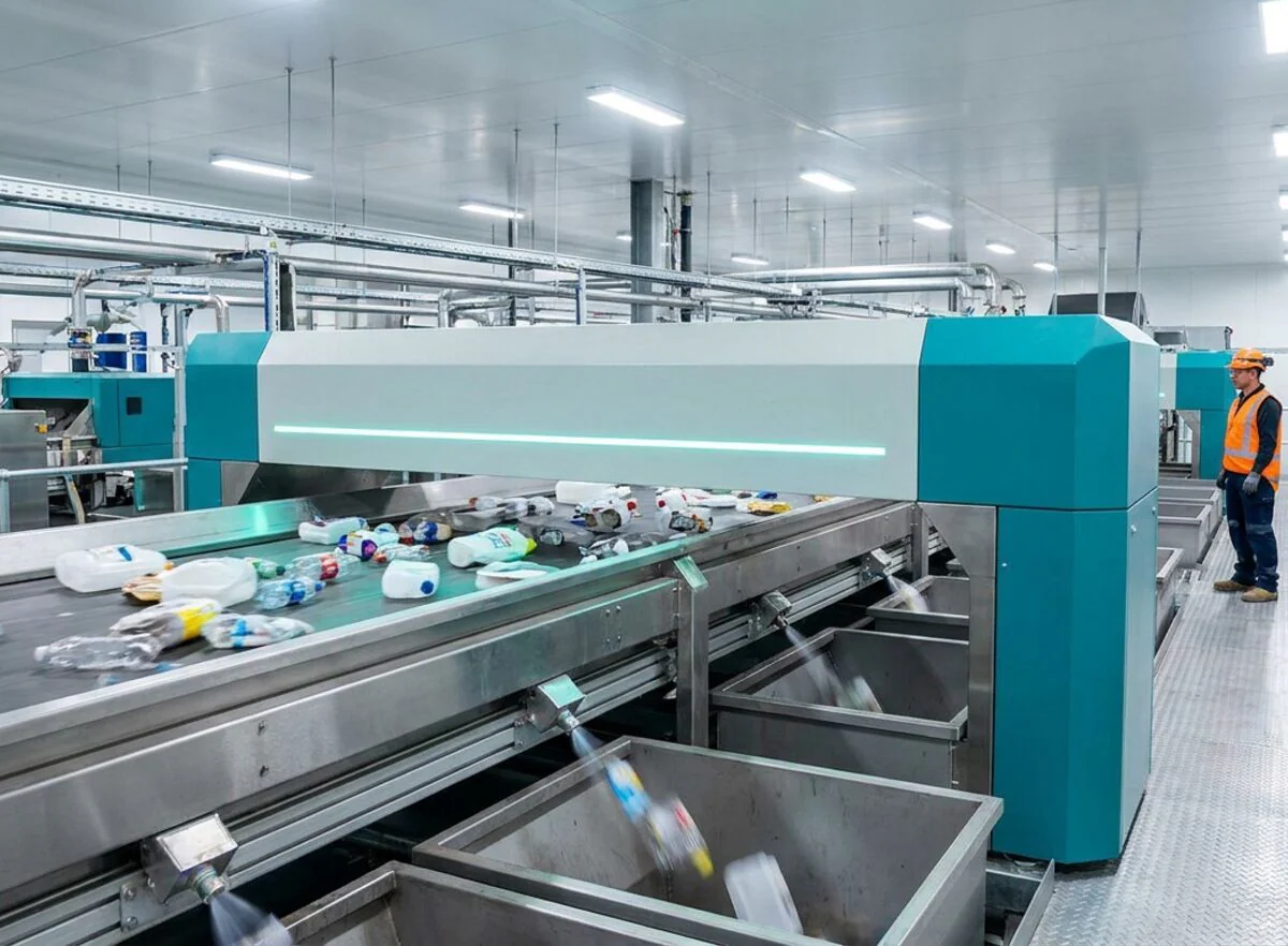 An optical sorting line in a recovery facility, air jets directing plastic containers into bays as a worker watches from the walkway
