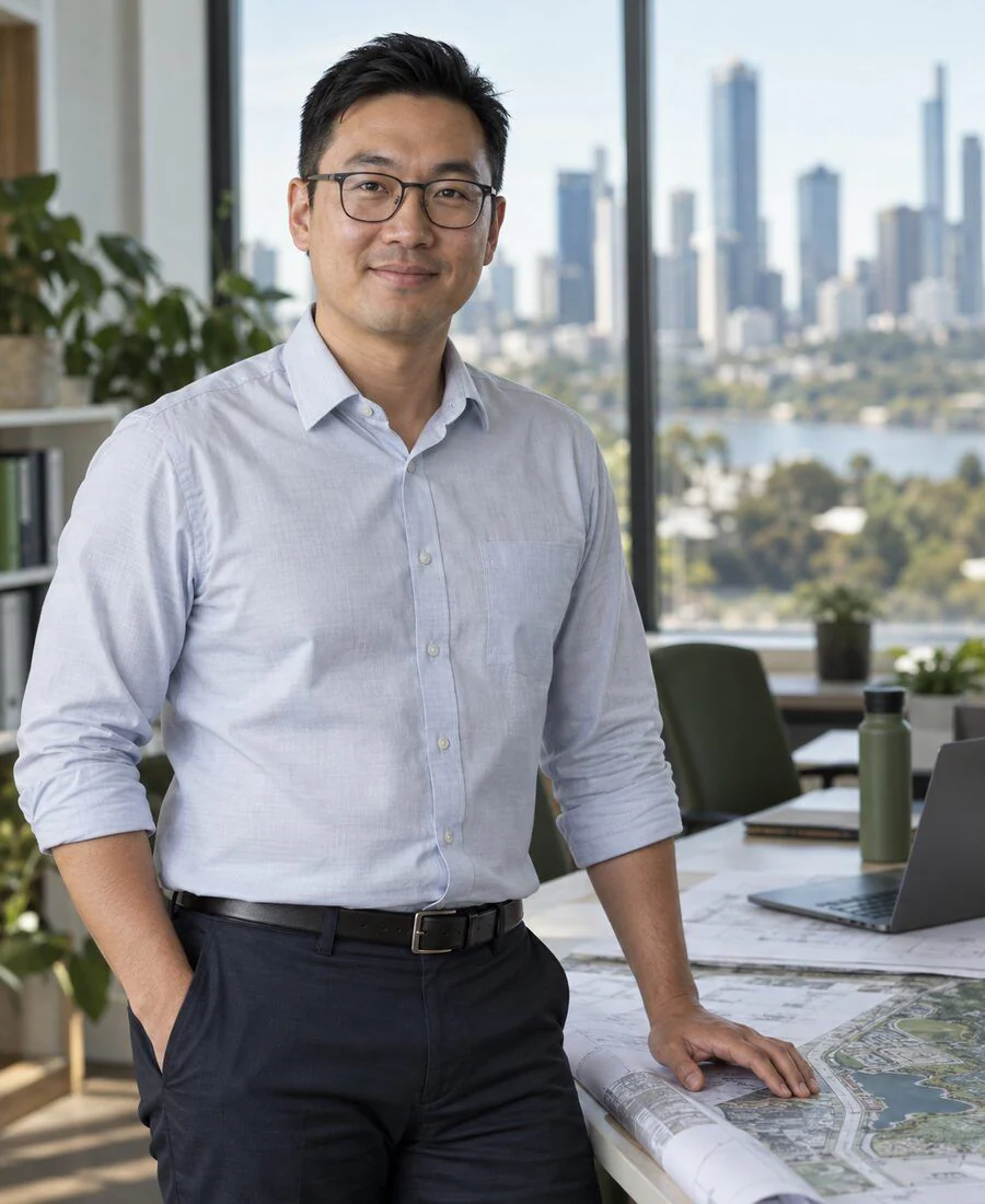 An environmental engineer in an office, one hand on a table of site plans, with a city skyline behind