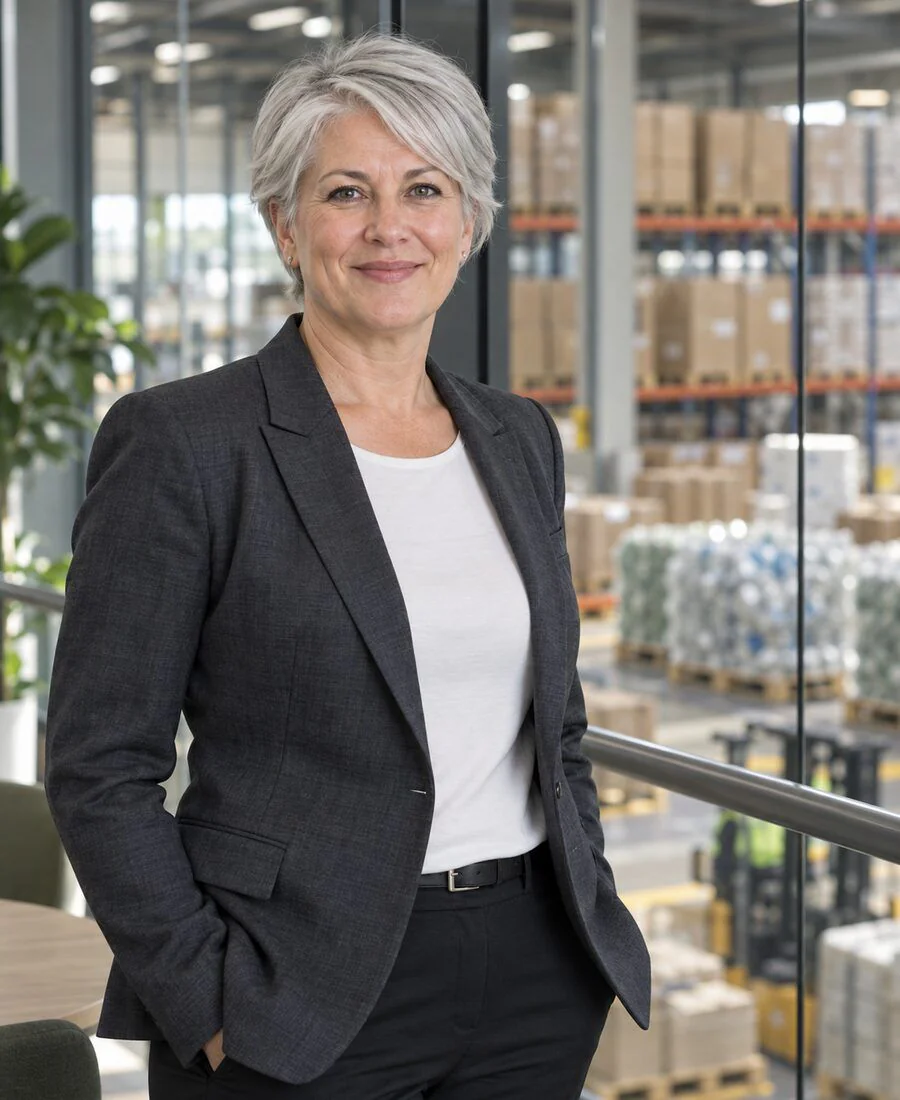 A packaging and sustainability manager in a charcoal blazer, with warehouse racking and pallets behind