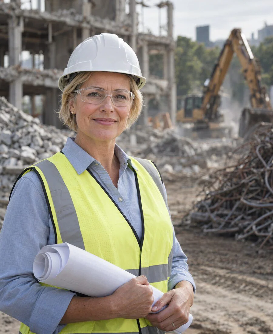 A project director in a hard hat, safety glasses and hi-vis vest holding site plans on a demolition site