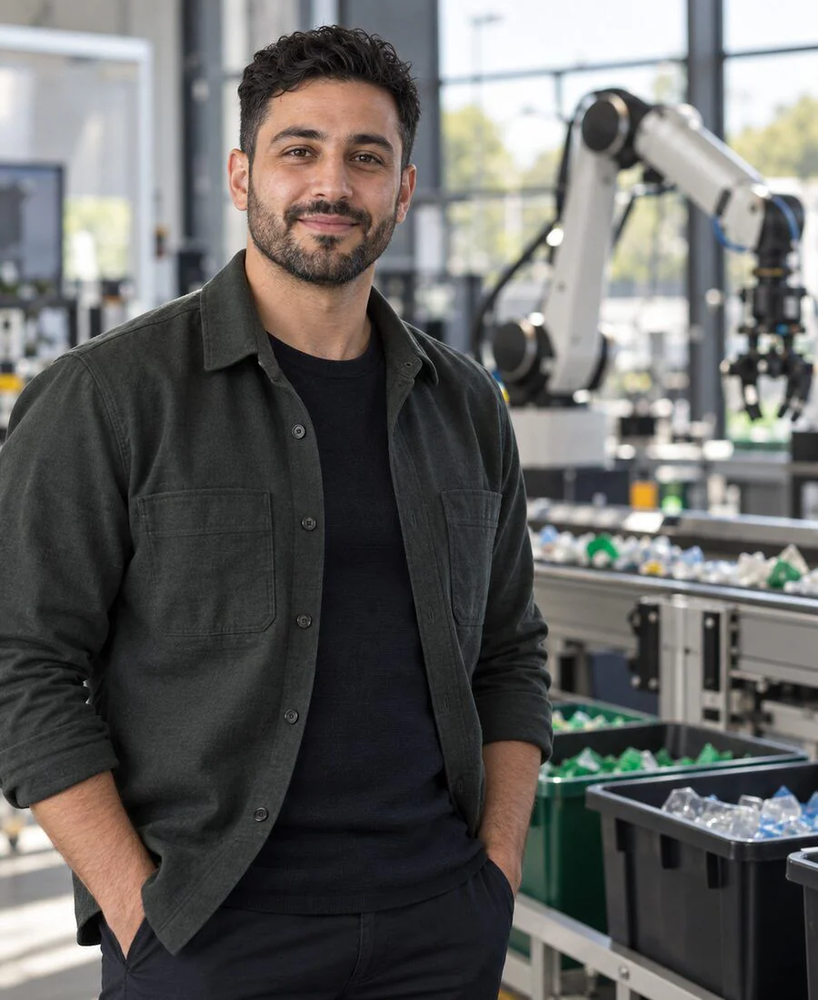 A start-up founder in a green overshirt, with a robotic sorting arm and a small conveyor behind