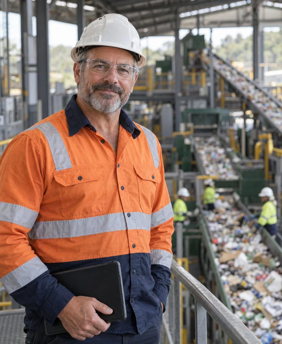 An operations manager in a hard hat, safety glasses and hi-vis shirt on a walkway above a recycling sorting line