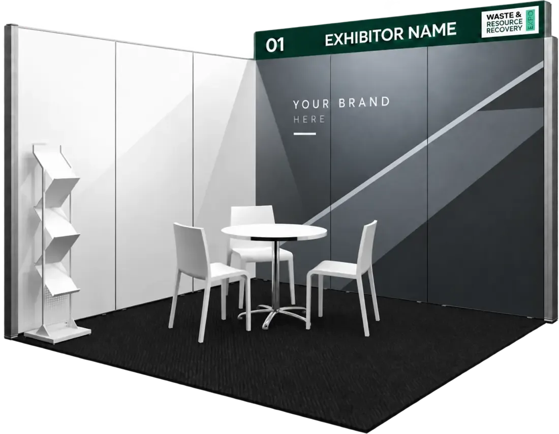 The same stand with a custom printed fabric graphic back wall